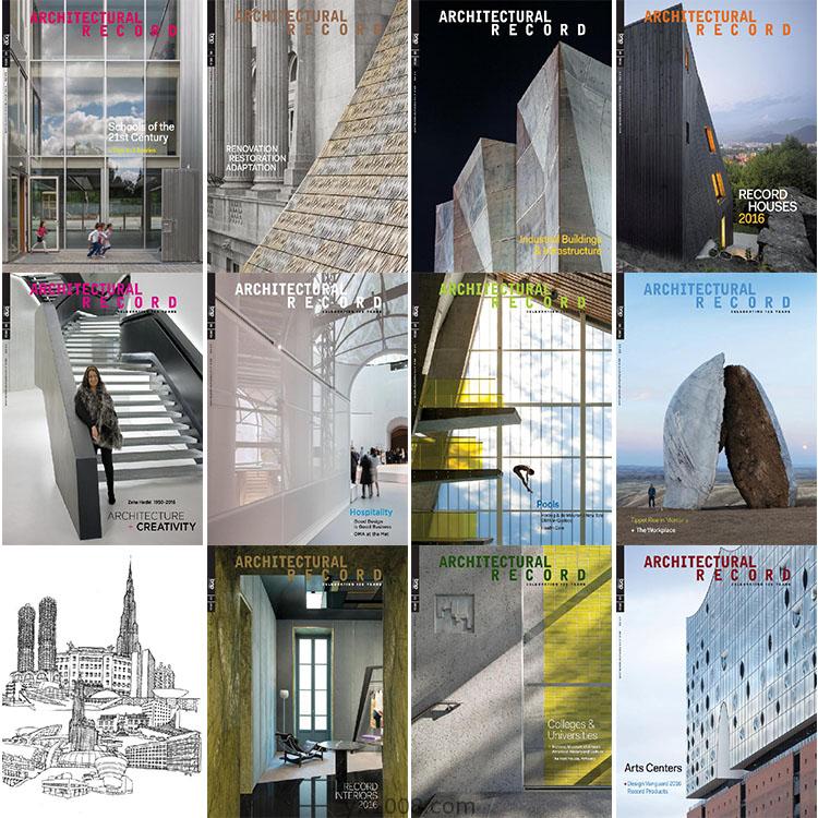 【美国】Architectural Record建筑记录2016年合集当代建筑设计案例项目技术报道信息pdf杂志（12本）